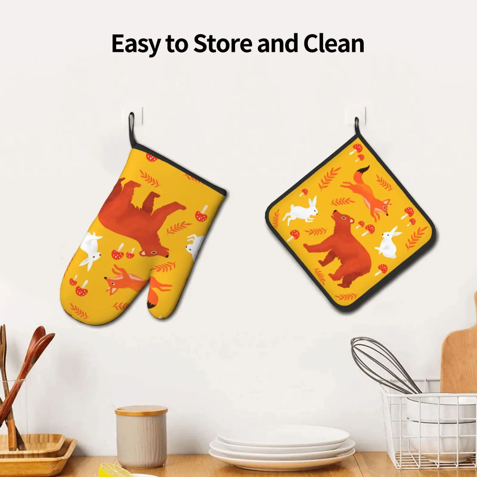 

Brown Bear & Fox And Rabbit Heat Resistant Hot Oven Mitts & Pot Holders Oven Gloves for BBQ Cooking Baking Grilling