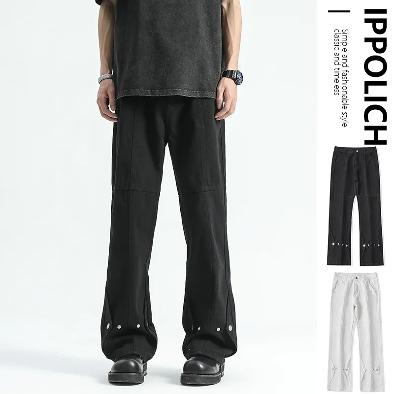 

Autumn Men's Jeans American Style Casual Black Button Decoration Jeans Micro Flared Hip Hop Trendy Pants High Street Vibe Pants
