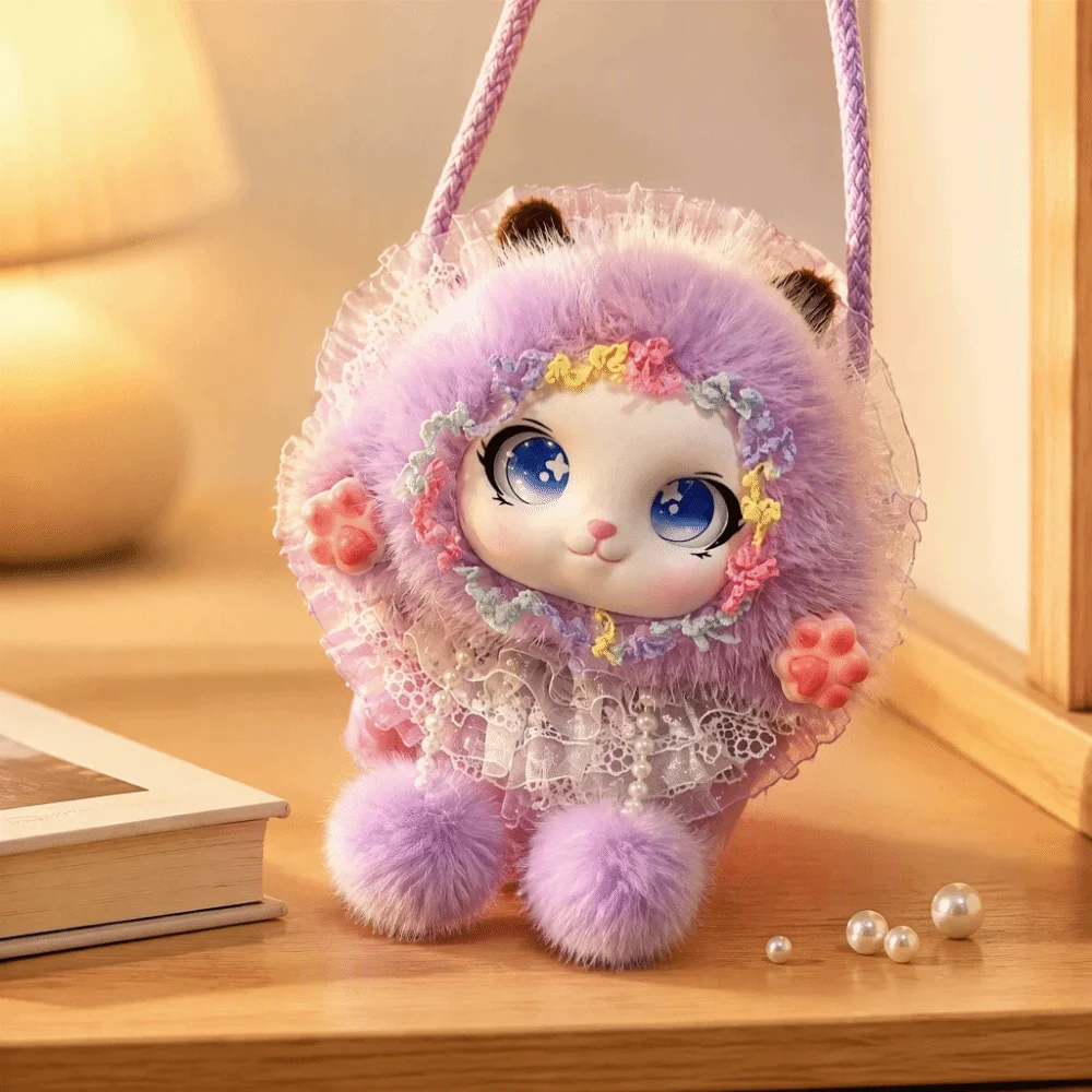 Lovely Handmade Plush Crossbody Bag Lace Decor Pom-Pom Cartoon Animal Coin Purse Tassel Sweet Kids Shoulder Pouch For Children