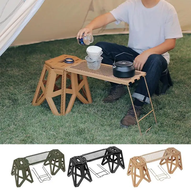 Camping Table Foldable Camping Portable Wrought Iron Storage Rack Outdoor Grill Table Folding Picnic Table Stool Side Hangable