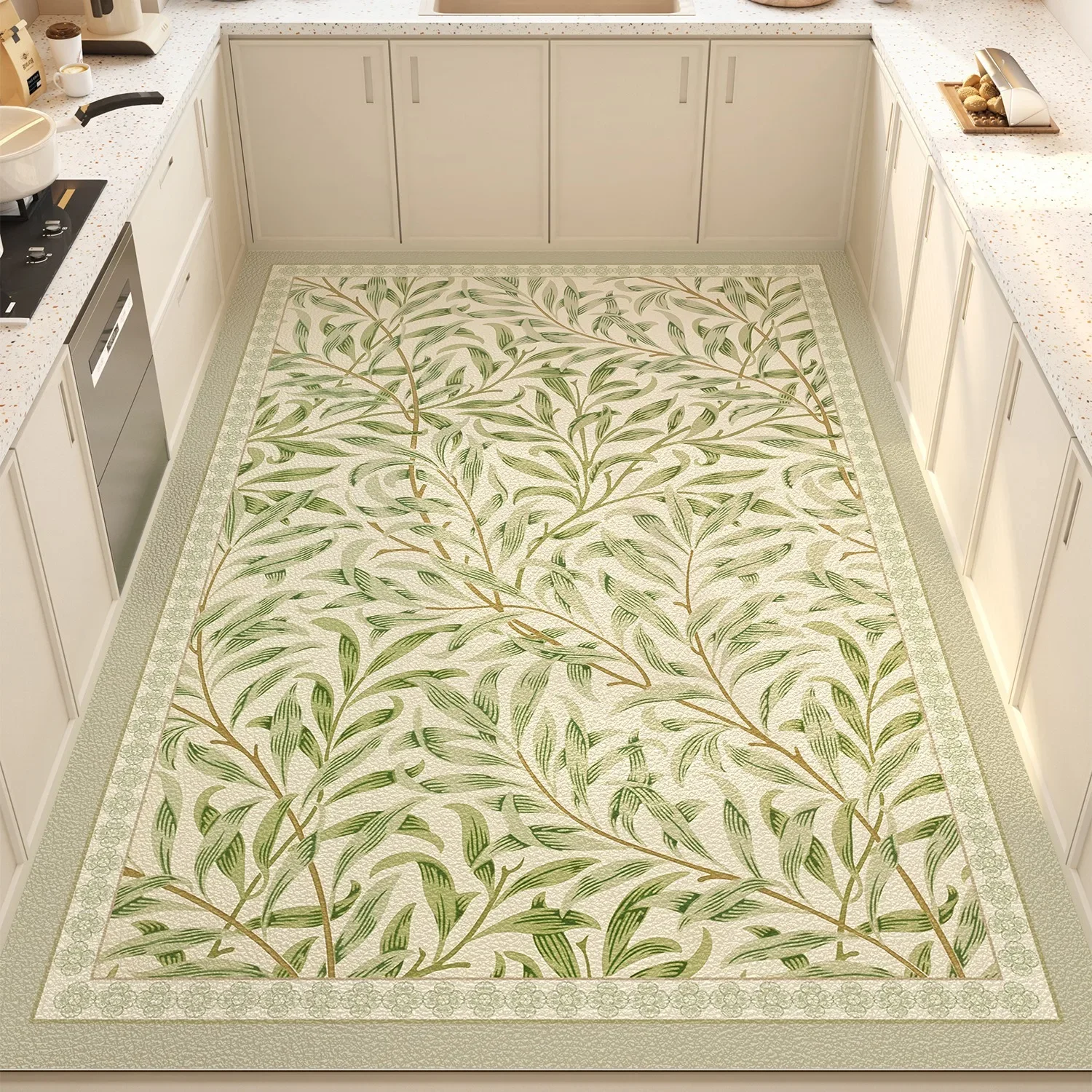 Kitchen Floor Mat Floral Plant Style Pvc Leather Non-slip Carpet Waterproof Oil-proof Foot Mats Large Area Home Decoration Rug