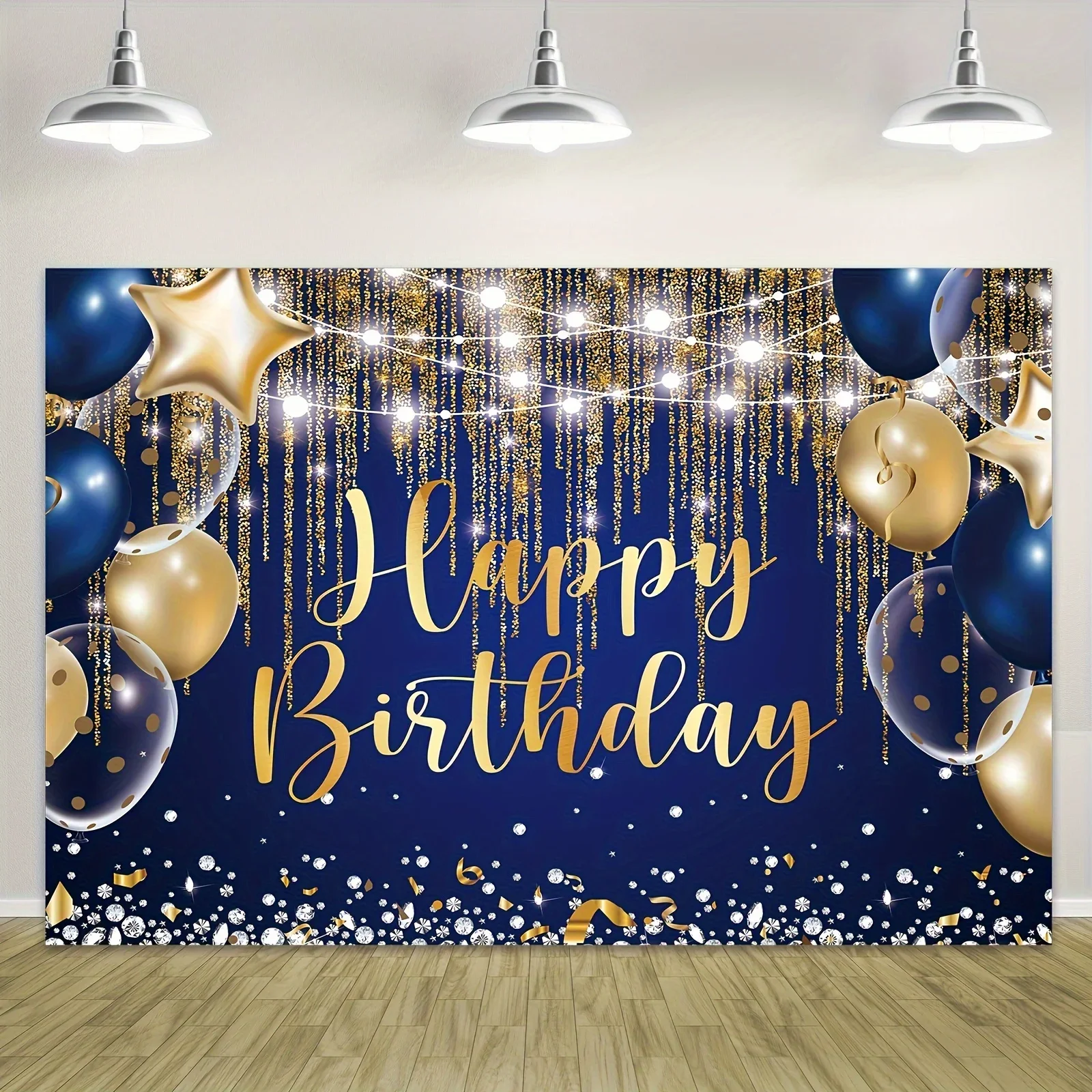 Shimmering Navy & Royal Blue Birthday Background,  Golden Polka Dot Balloons, Magical Cake Table Decor & Photography Banner