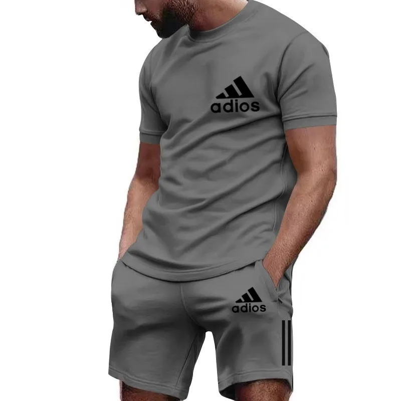 Camiseta de manga curta estampada masculina, shorts de secagem rápida, conjunto esportivo respirável, conjunto de corrida, moda verão, novo 2024