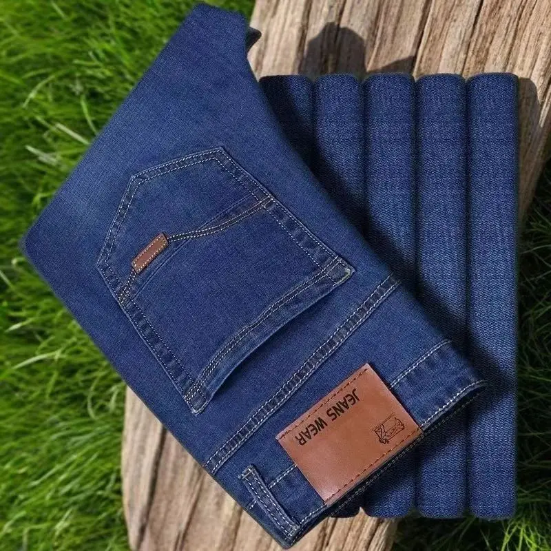 

Летние тонкие эластичные джинсы, мужские прямые брюки свободного кроя, повседневные рабочие длинные брюки больших размеров с высокой талией, универсальные