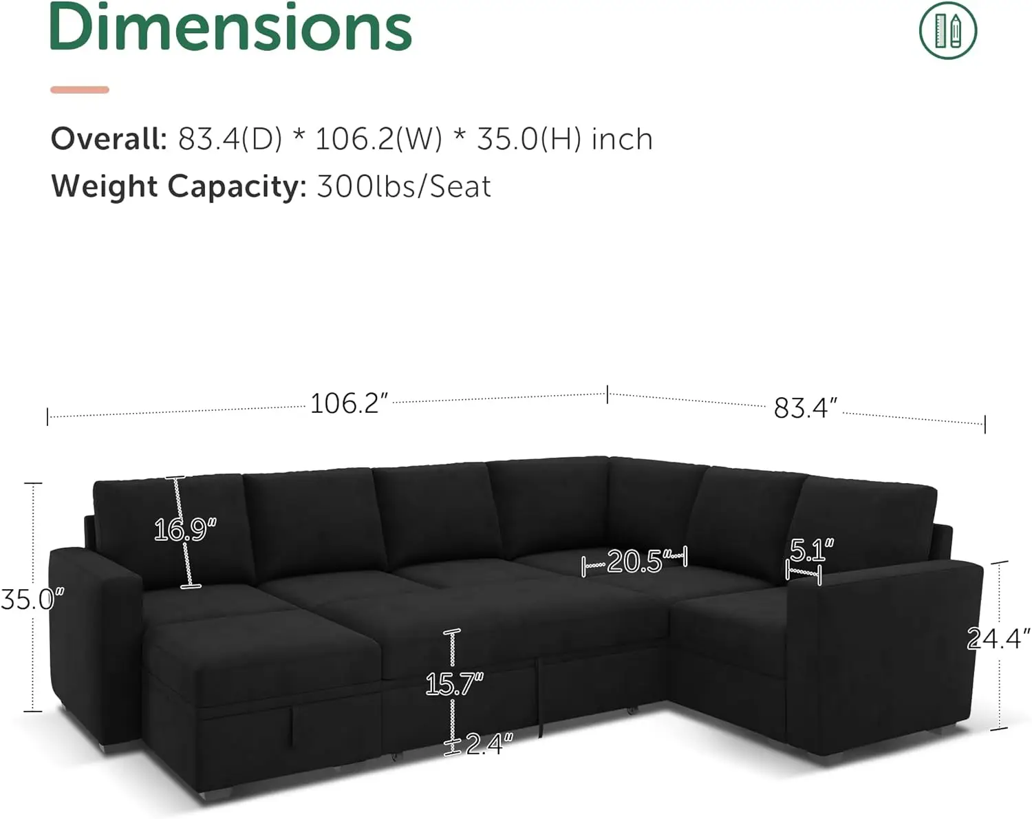 Modular Sectional Sleeper Sofa with Pull Out Bed, Velvet U Shaped Sectional Couch with Storage Ottoman Convertible 7-Seat