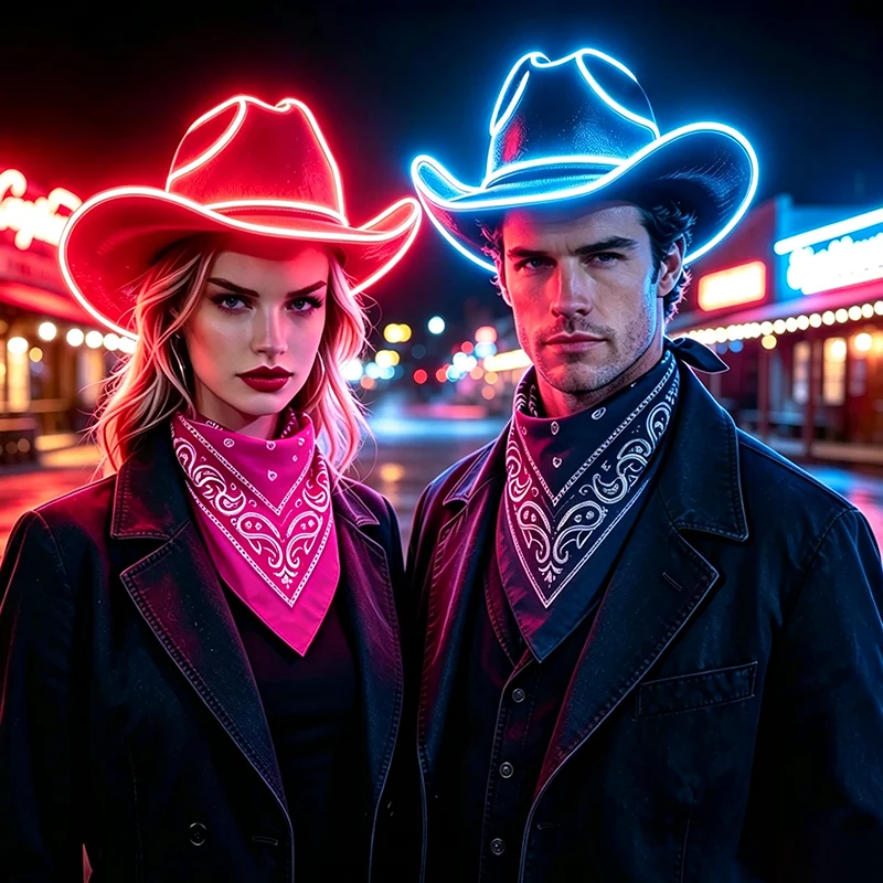 1Set Fashion EL Neon Light Cowgirl Hat with Square Scarf LED Glow Pink Cowboy Hat for Bachelorette Wedding Women Party Supplies