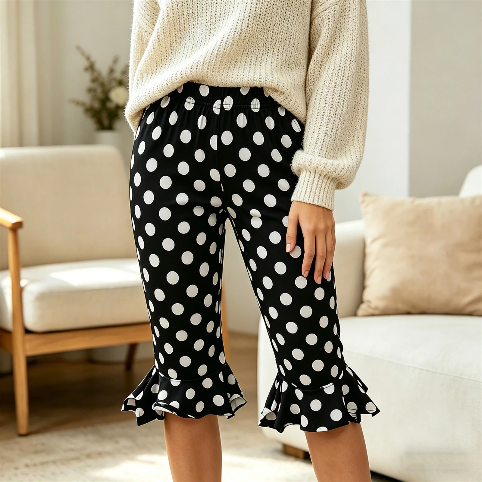 

Women's Summer Knee Length Leggings Slim Fit Stylish Y2k Vintage Dot Print Ruffled Trim Elastic Mid Rise Capri Pants