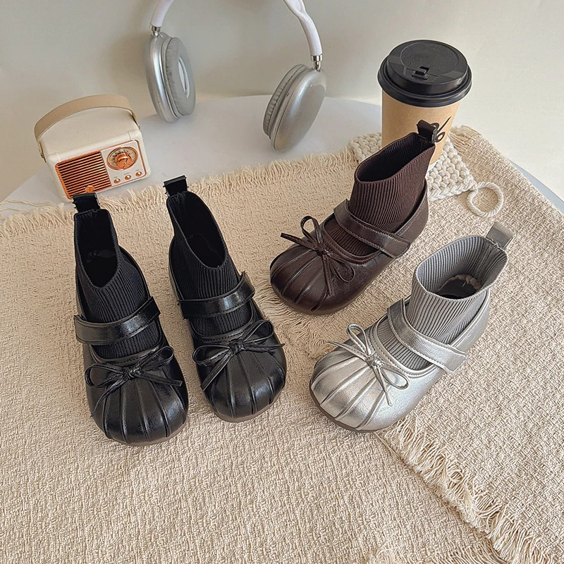 Autumn Girl's Sock Boots Bowknot Slip-on Sweet Kid's Flat Shoe Solid Colors Anti-slip Daily Trendy All-match Children Shoes