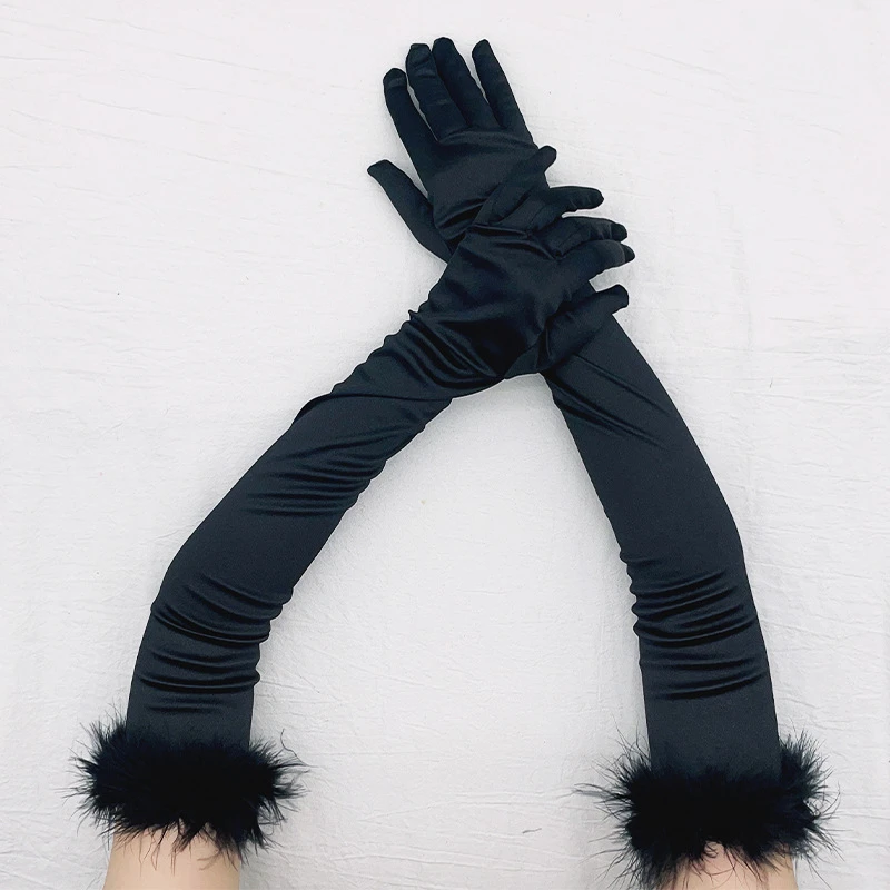 

Long satin gloves retro party show gloves with cuffs for women cosplay stretchy elbow length gloves plush Christmas gloves