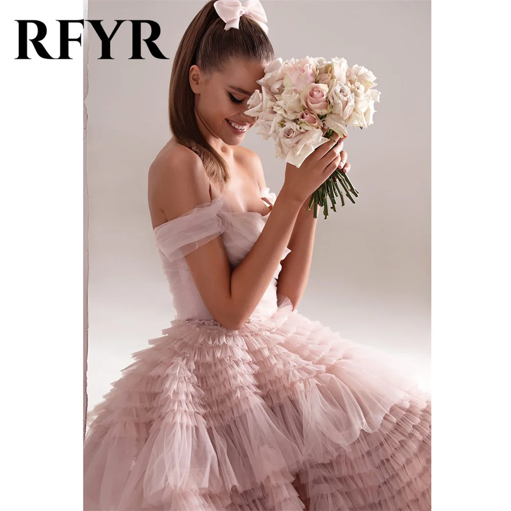 RFYR Dusty Pink Prom Dress Strapless Crumpled Ruffles Evening Dress Off The Shoulder Tiered Tulle فستان سهرة A-Line Party Dress