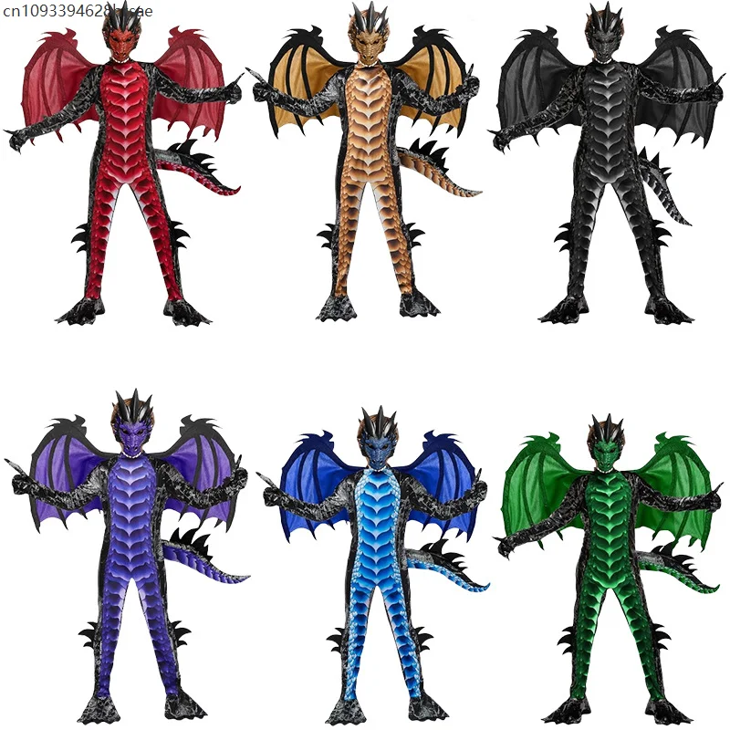 

Boy The Frost Blue Dragon Knight Jumpsuit children Halloween Carnival Theme Party Costume With Wing Tail Mask