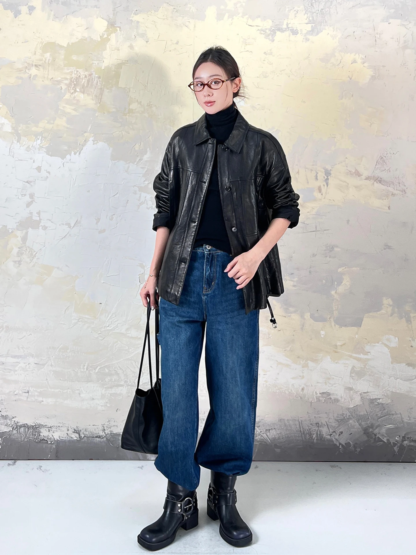 メアリーティム オイルワックスレザージャケット ポロカラー バーンスタイル シープスキンコート ストリートスタイル 長袖 ルーズフィット ユースファッション