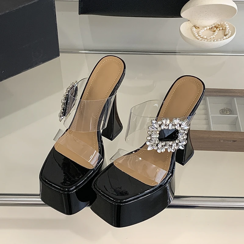 

Eilyken Fashion Chunky Platform PVC Transparent Women Slippers Sexy High Heels Square Toe Banquet Party Slide Shoes