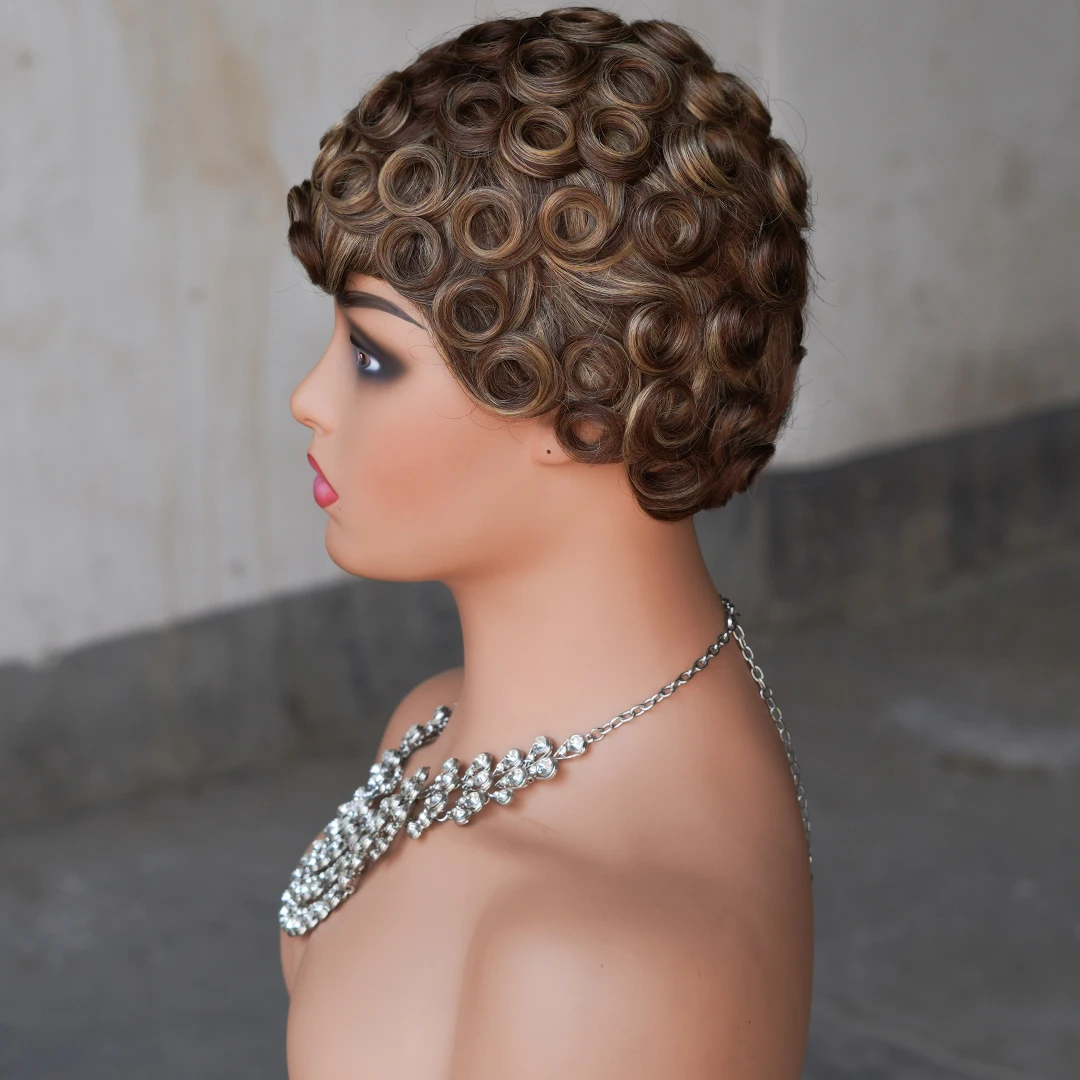 Farbe P427 Echthaar Lockige Pixie-Cut Kurzhaarperücken für Frauen 150% Dichte 6 Zoll Remy-Haar Vollständig maschinell gefertigte Perücken – Detail 8