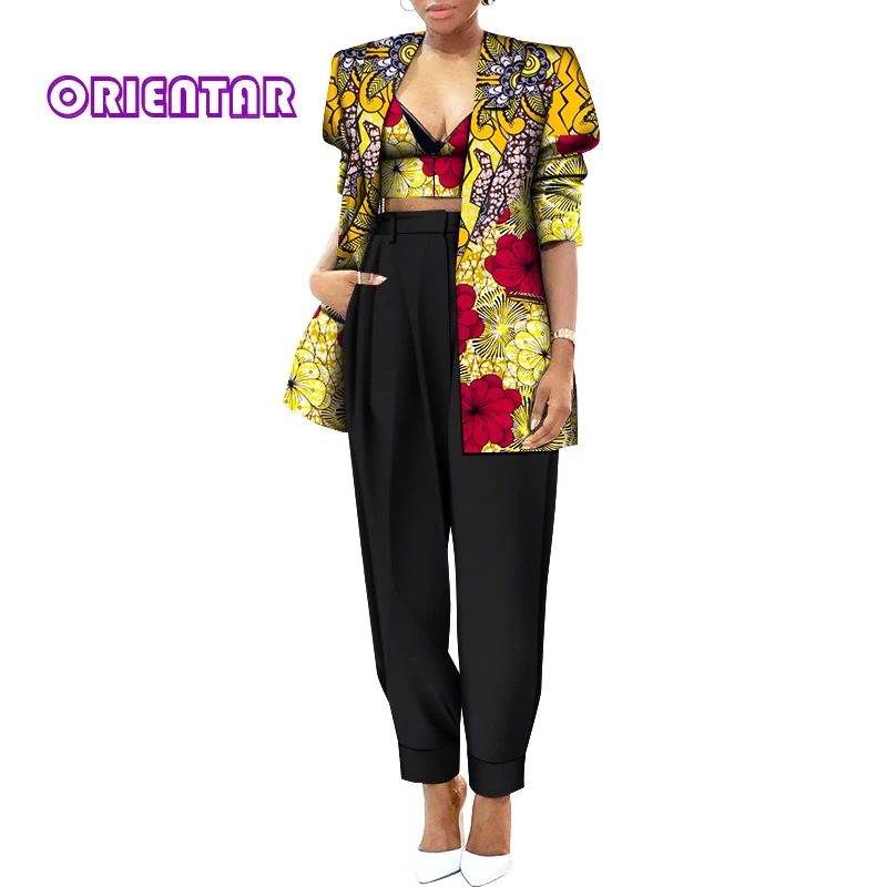 3 Pieces Women Set African Wax Print Crop Tops and Pants Suit 2021 New African Clothes Casual Outfits Africaine Femme WY641