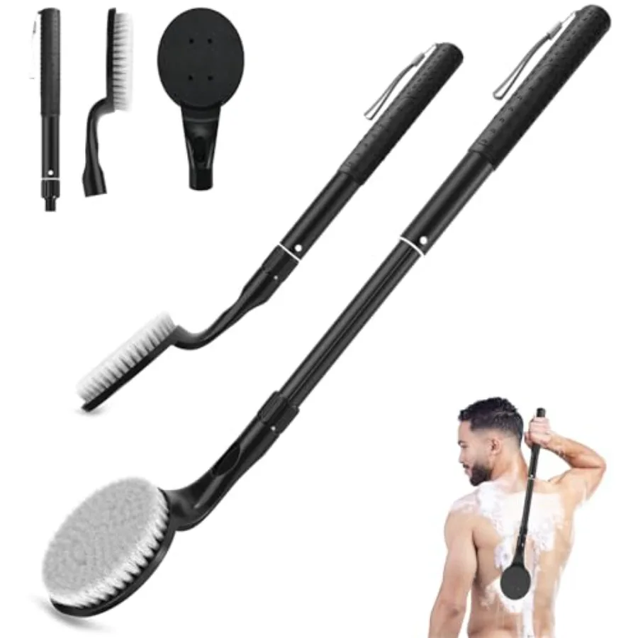 Back Scrubber for Shower, 17.52" - 25.7" Telescopic Back Washer for Shower with Anti-Slip Long Handle, Soft Nylon Bristles, Det