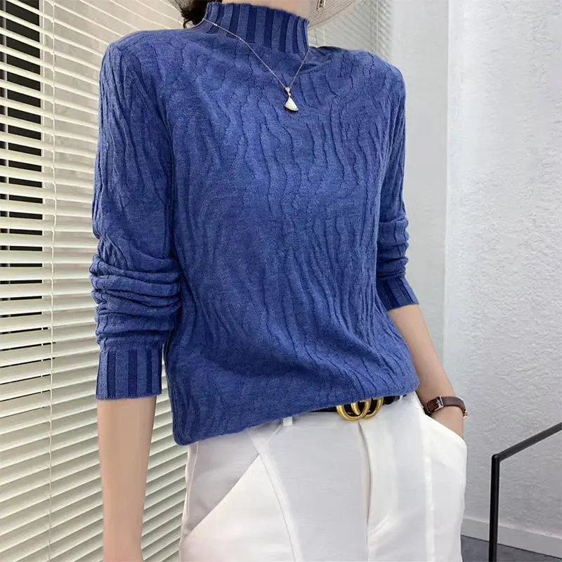 Women Autumn and Winter Korean Fashion Half High Collar Basic Knitwear Long Sleeve Slim Knitted Sweater Solid Pullover Tops Ropa