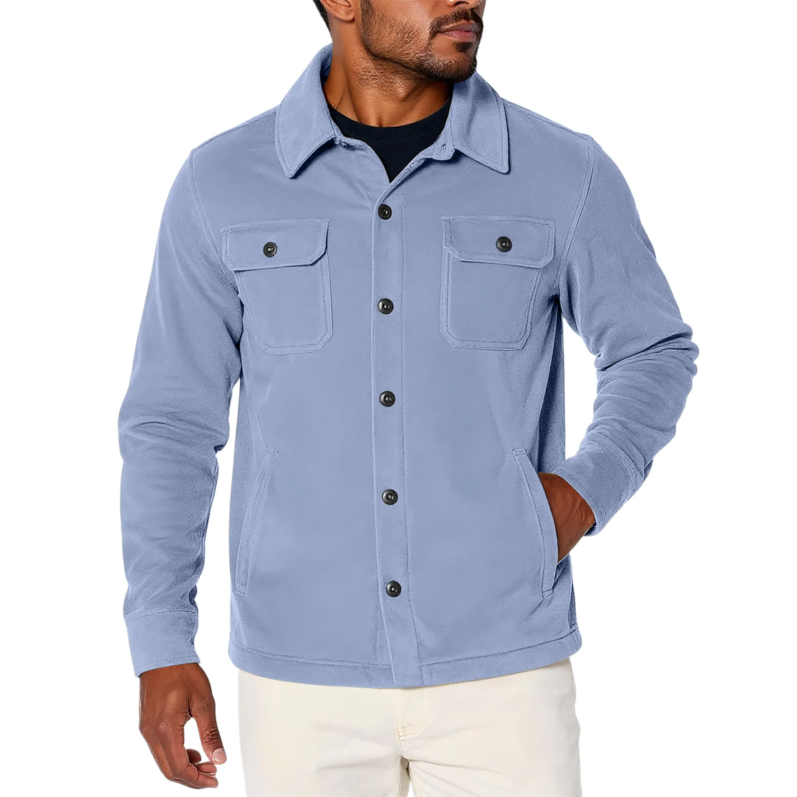 

Men's Fleece Lined Collared Jacket Casual American Style with Multiple Pockets Single Button Pure Color Leisure Coat for Men