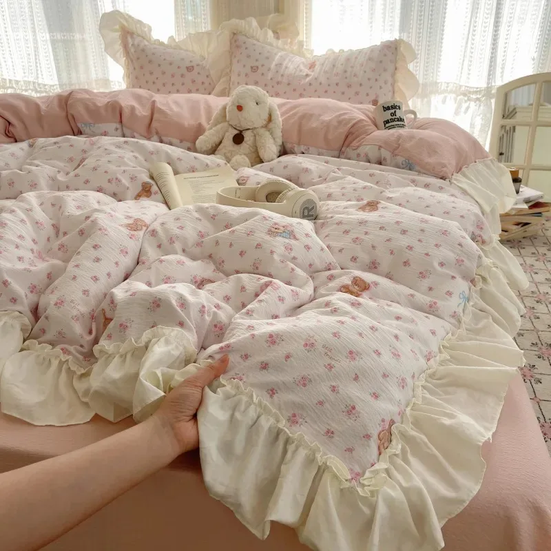 

Girly Heart Ins Style Cloud-Like Double-Layer Gauze Bedding Set - Korean-Style Lace Pastoral 4-Piece/3-Piece Sheet & Duvet Cover