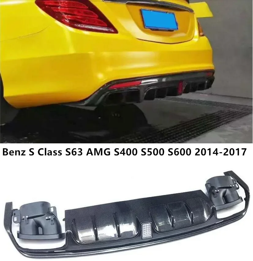 Rear Bumper Diffuser & Exhaust Tips For Mercedes Benz W222 S63 AMG 2014-2017 Trunk Door Lip Spoiler Carbon Fiber(With Light )