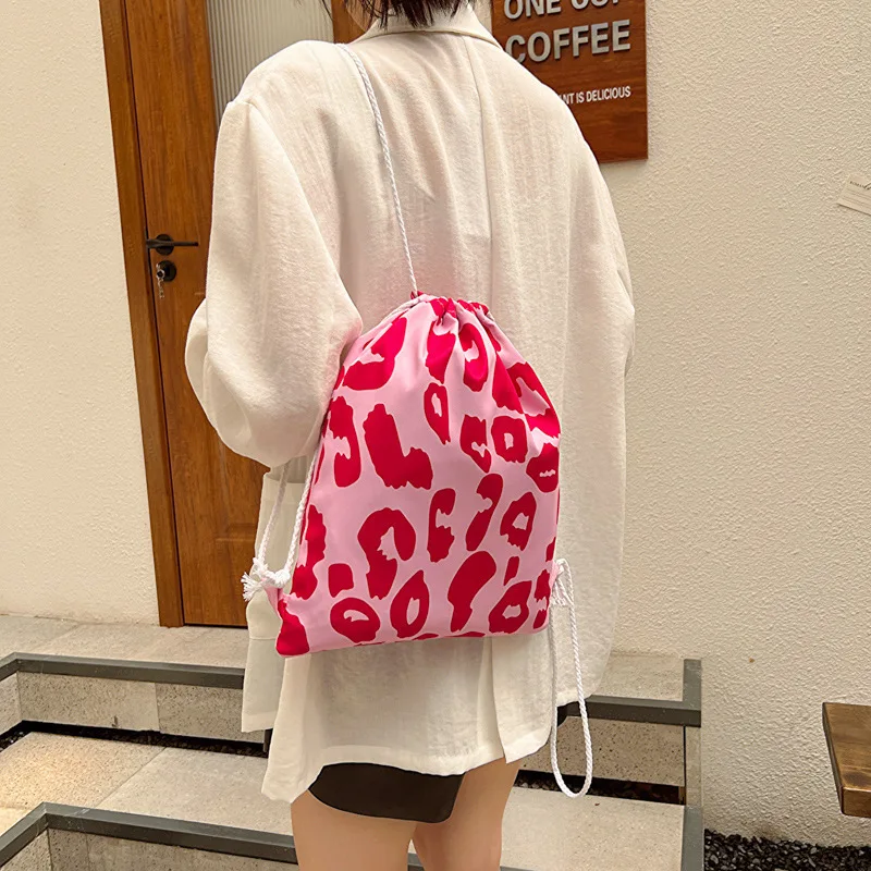 Canvas Drawstring Backpack Bags Fashion Leopard Printed String Women Books Sundries Travel Storage Bag School Back Pack Teenager