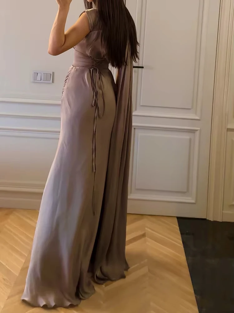 Women Fashion Cross Pleat Fluttering Long Dress Casual Sleeveless Lace-Up Party Dress Elegant Irregular Neck Satin Evening Dress