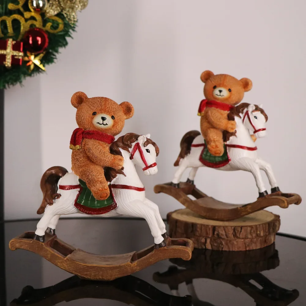 Cute Bear Riding Rocking Horse Statue For Christmas Decoration Resin Rocking Horse Sculpture Home Holiday Party Ornaments