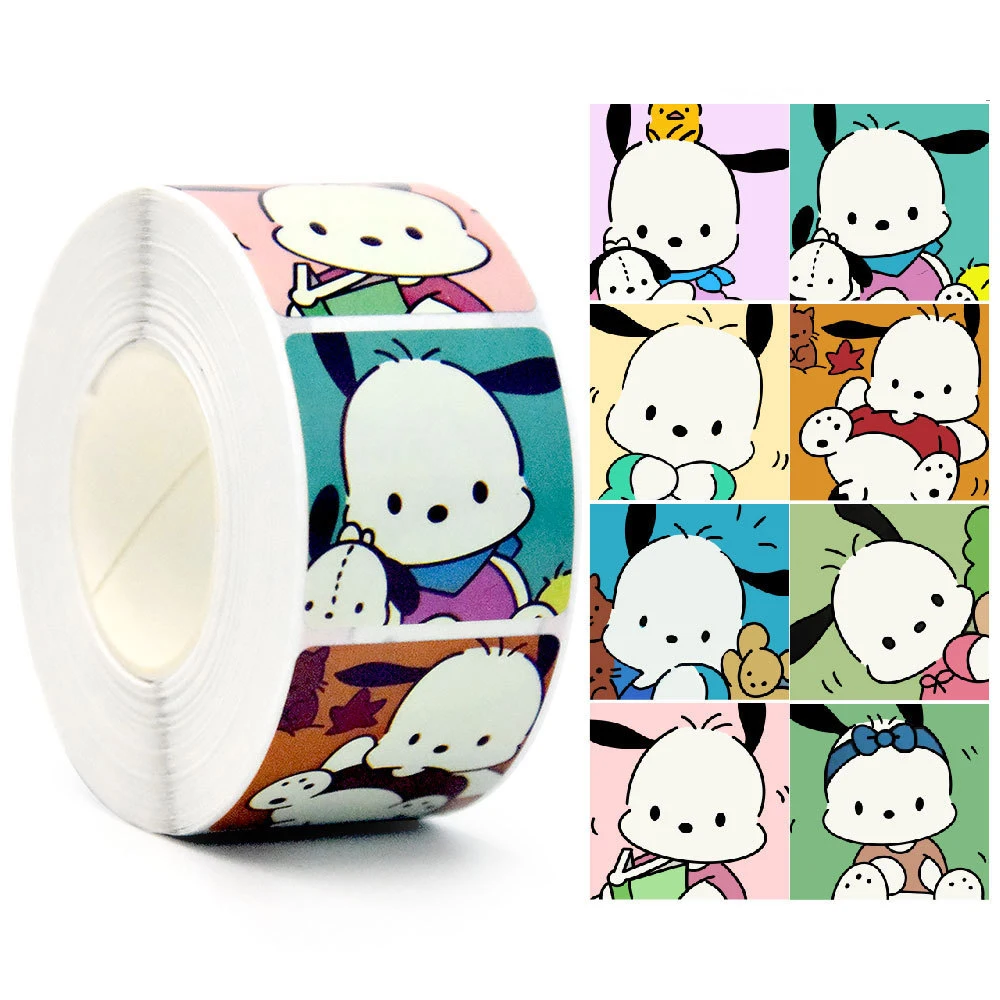 500 uds/rollo de pegatinas bonitas de Anime Sanrio Pochacco, pegatinas de dibujos animados DIY para ordenador portátil, pegatina de sellado de decoración Kawaii, juguetes de regalo de recompensa para niños