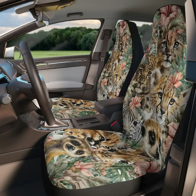 Safari Wildlife Animal Floral Set Of Two Front Car Seat Covers, Nature Jungle, Seat Covers For Women, Car Seat Protector