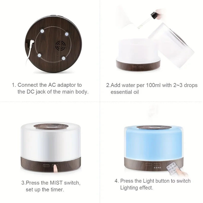 موزع ومرطب للزيوت العطرية والحبوب الخشبية سعة 16.91 أونصة مع تقنية Soundwave، يعمل بمنفذ USB، وجهاز تحكم عن بعد، ومؤقت، وإضاءة ليلية، وملء علوي