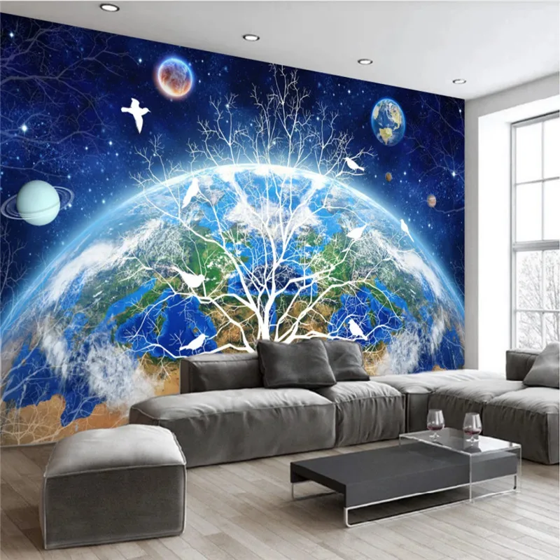 

European Abstract Earth Starry Trees Blue Background Mural Wallpaper for Living Room Bedroom Walls 3D Wall Papers Home Decor