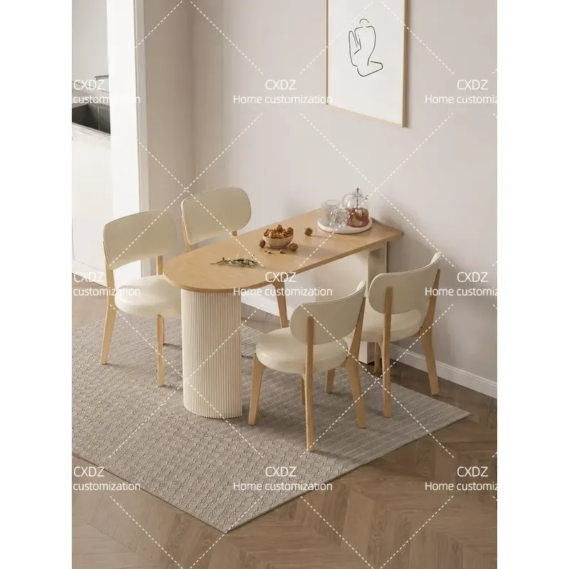 Folding Dining Table for Small Apartment Retractable Oval Semicircular Table and Chair Set Space Saving Log Cream Style