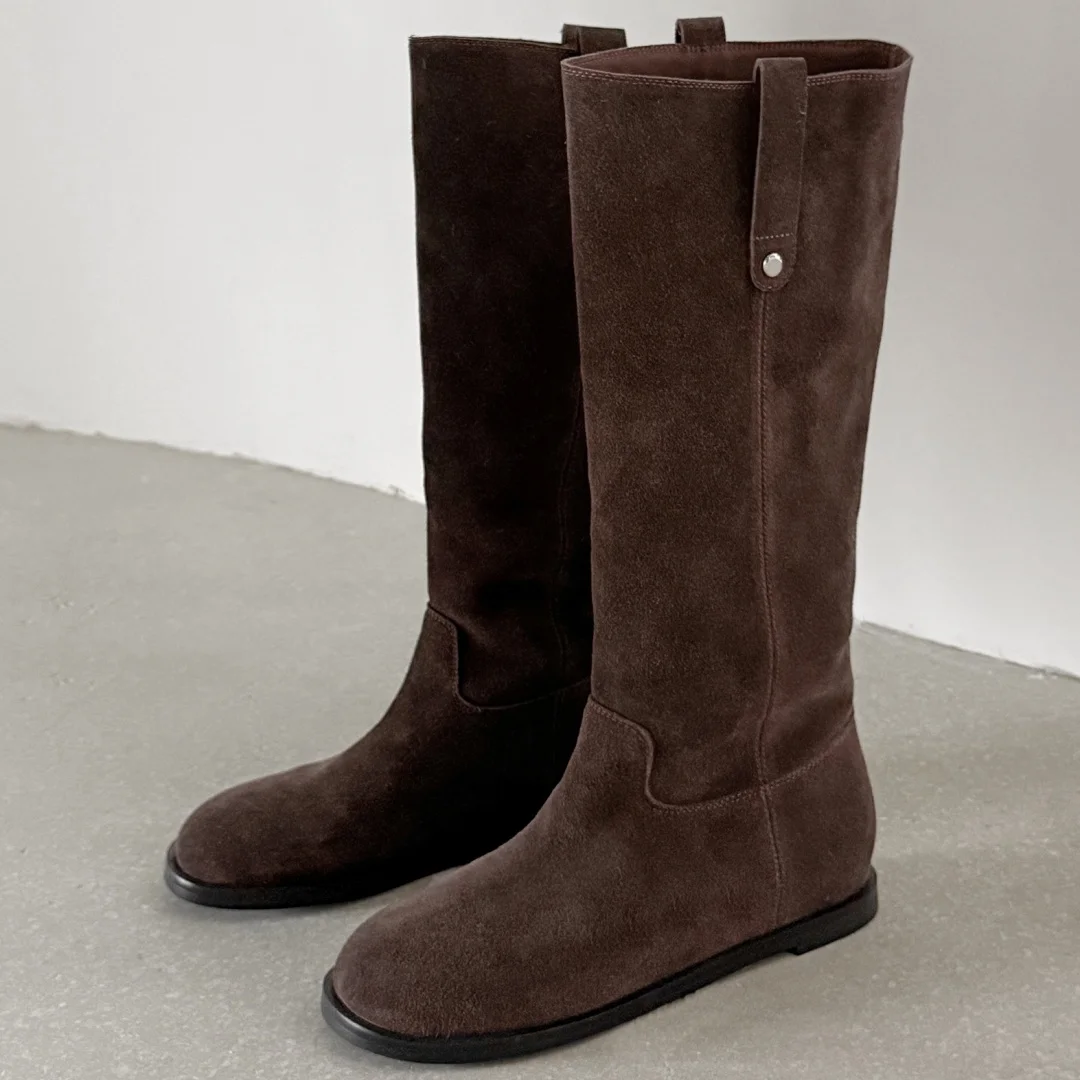 Danxuefei المرأة جلد الغزال الطبيعي جولة تو الانزلاق على الخريف حذاء برقبة للركبة جودة عالية لينة مريحة أحذية طويلة غير رسمية