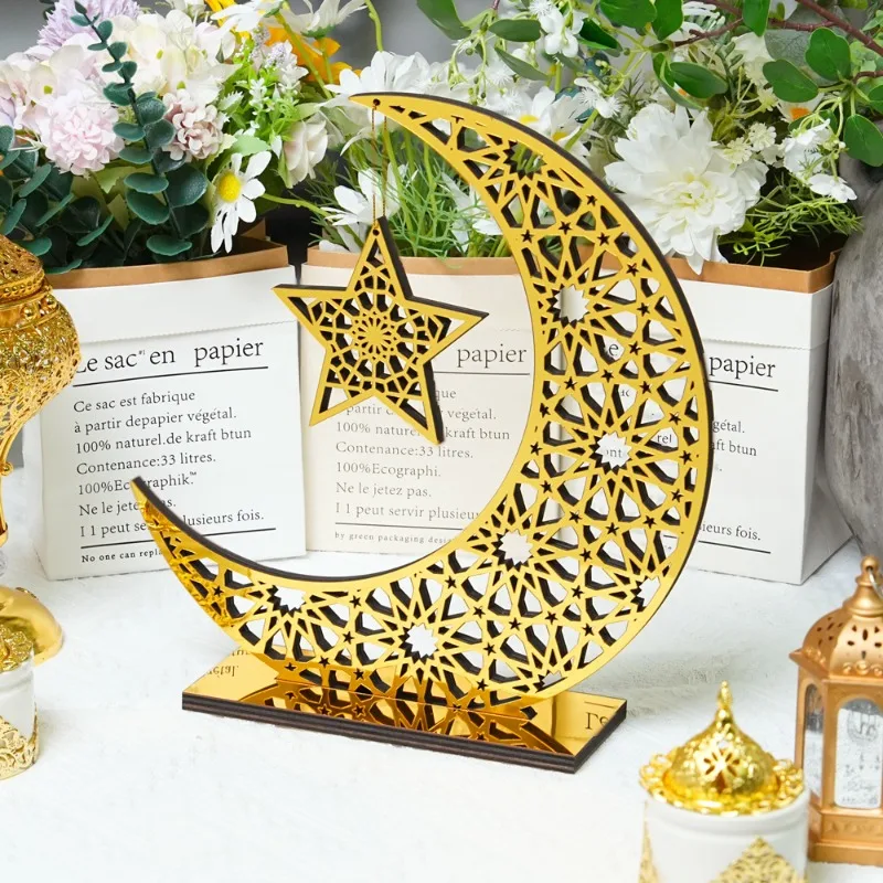 Eid Mubarak Acrylic Wooden Stand Decor Golden Mirror Star Crescent Moon Desktop Display for Ramadan Festival Home Ornament