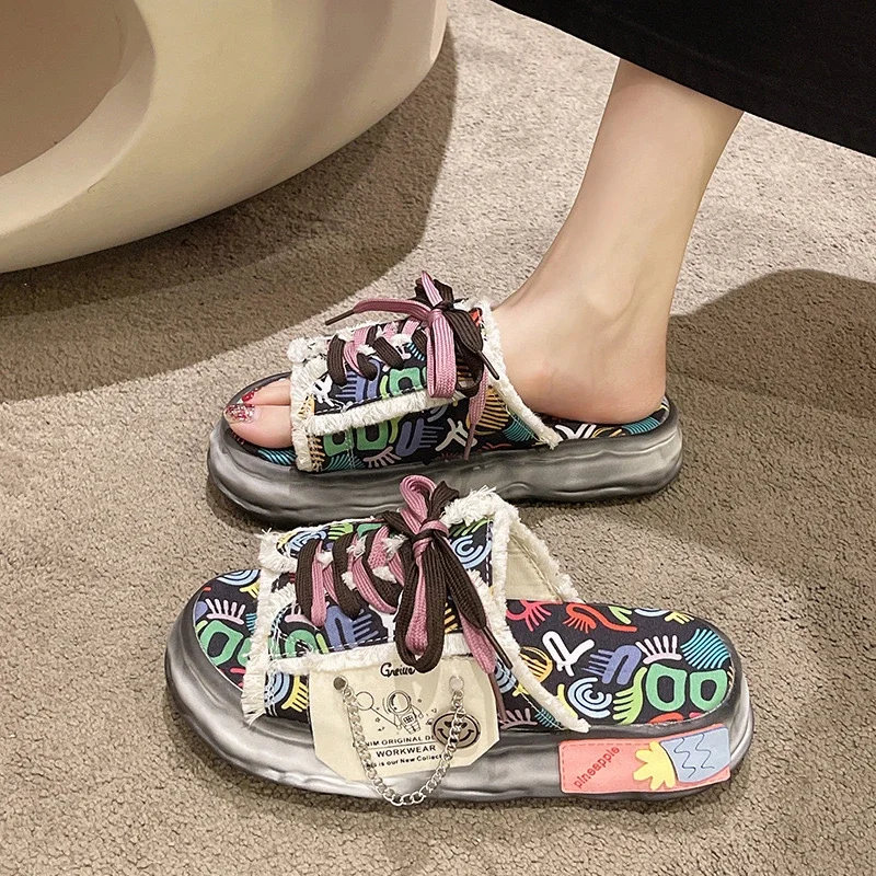 Fashion Design Summer Women Graffiti Slippers Platform Shoes Mules Flip Flops Street Sandals Clogs Flat Casual Shoes For Female