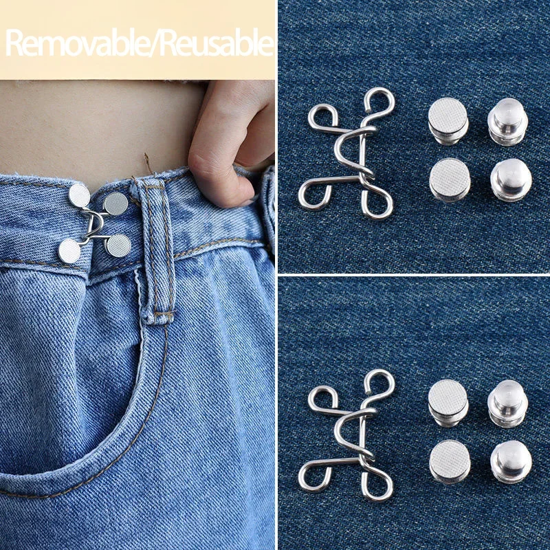 2 Sets Adjustable Jeans Waist Buckle Set Hook and Eye Nail-Free Snaps Fastener Detachable Button Household Waist Tightener