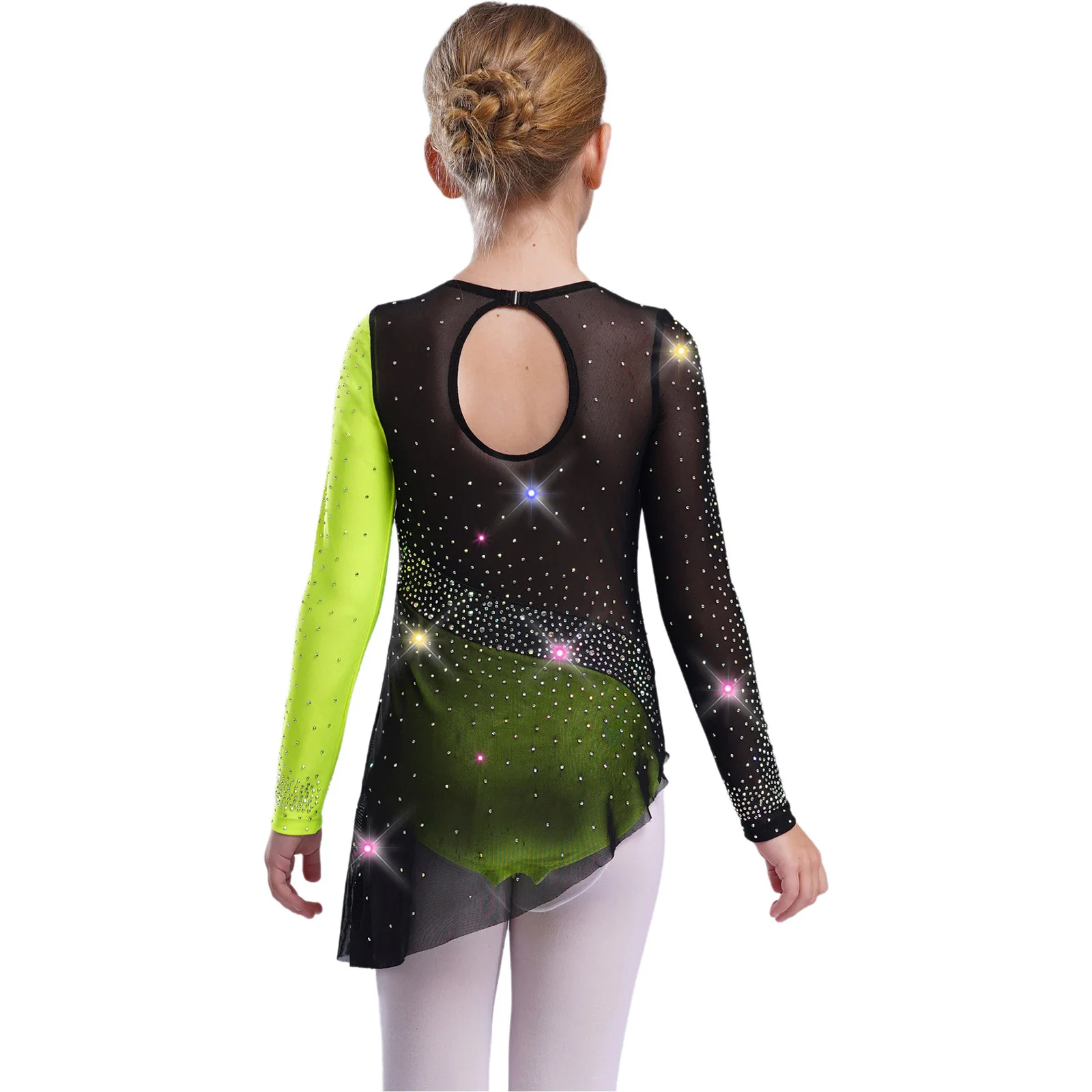 Kids Girls Ballet Leotard Dress Rhythmic Gymnastics Ballerina Costume Long Sleeve Sheer Mesh Rhinestones Color Block Leotard