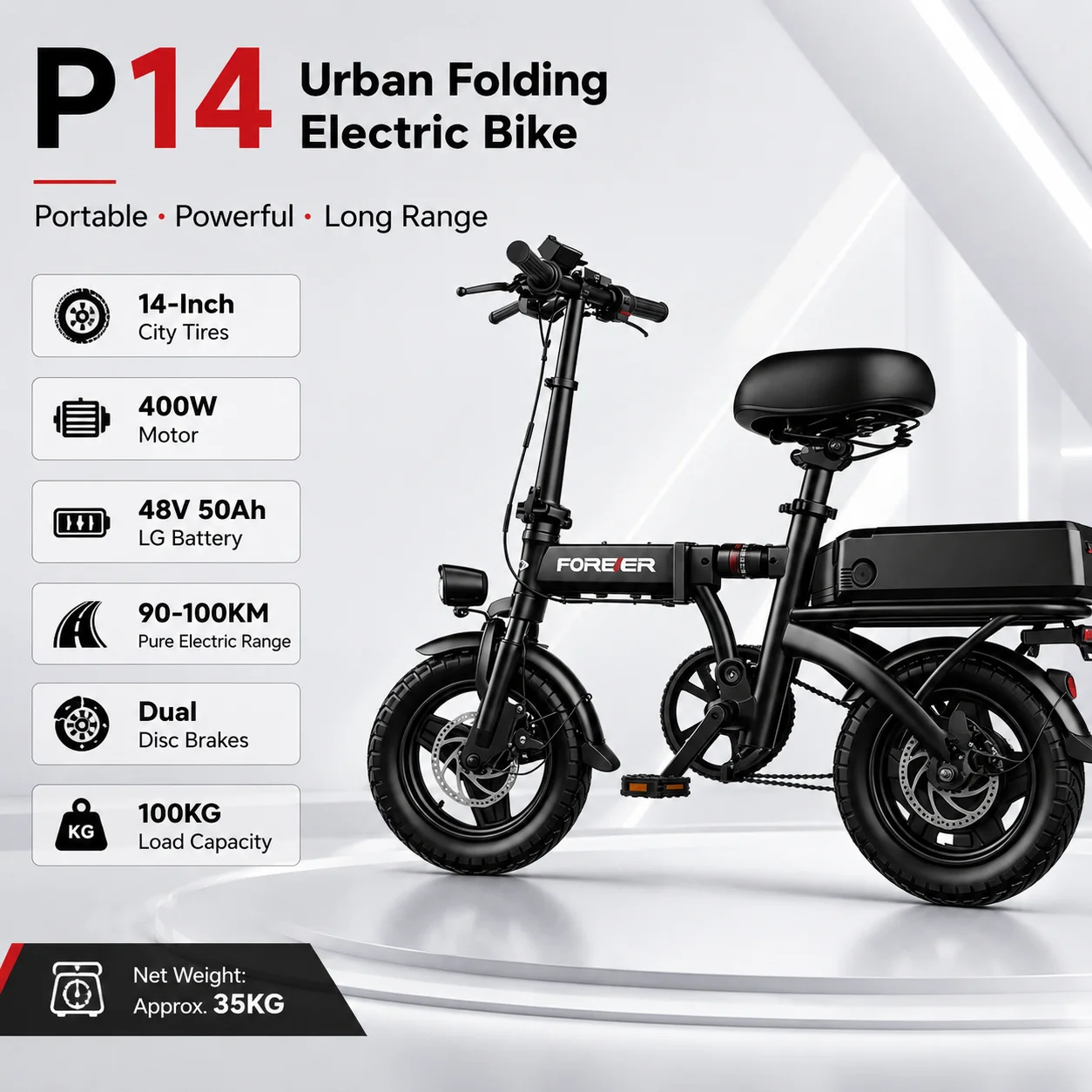 P14 E-Bike  Compact Urban Electric Bike with Folding Design 400W Permanent Magnet Motor 48V 50Ah Battery and 90-100KM Range image 5