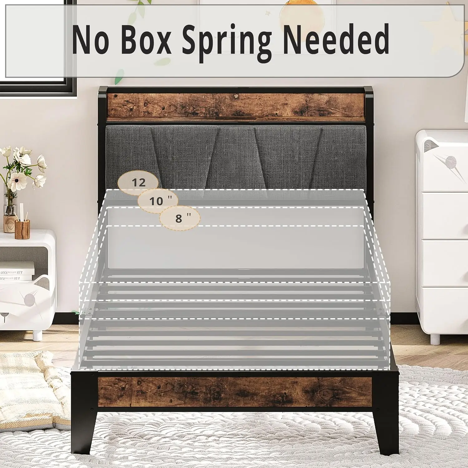 Bed Frames, Storage Headboard with Charging Station, Solid and Stable, Noise Free, No Box Spring Needed, Easy Assembly