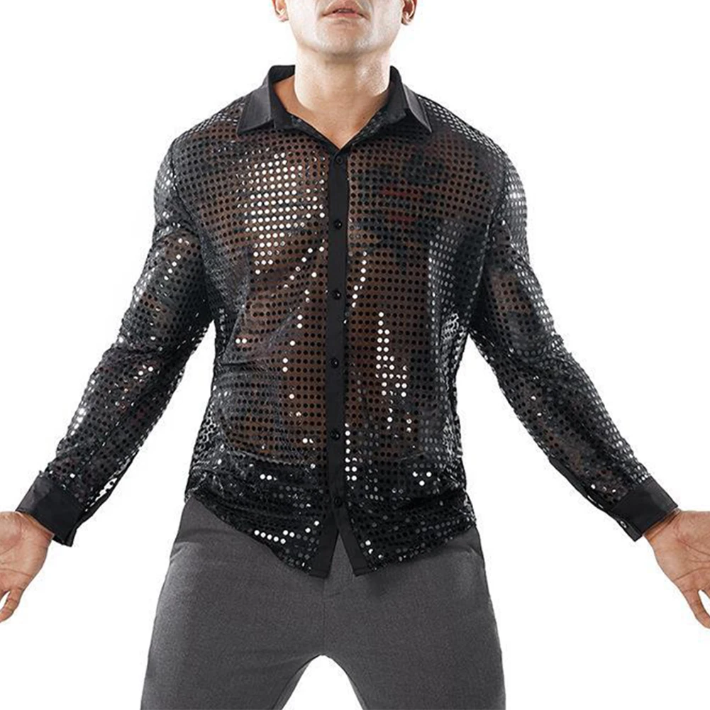 Mens Shiny Party Dance Bling Tops Retro 70s Disco Nightclub Shirt Sparkly Sequins Stage Top Single Breasted Performance Clothes