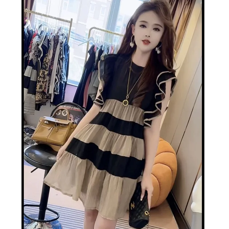 Fashion O-Neck Spliced Folds Striped Butterfly Sleeve Mini Dress Clothing 2024 Summer New Loose Office Lady Sleeveless Dress