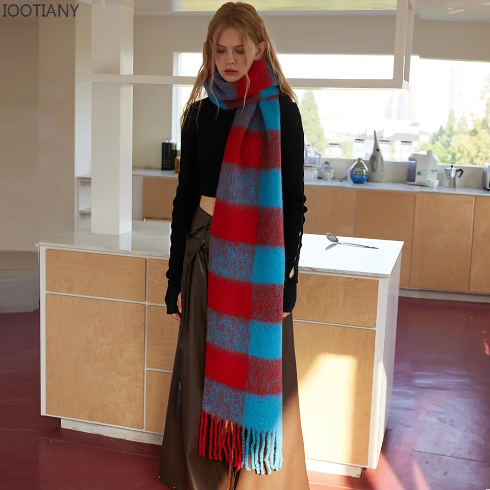 IOOTIANY New Autumn And Winter Warm Atmosphere Feel Scarf Wool Retro Large Plaid Scarve Women Casual Tassel Shawl