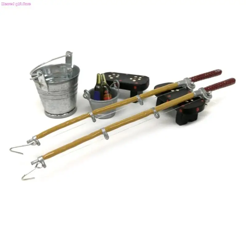D0JC 1/12 Dollhouse Miniature Fishing Rod Hat Bucket Stool Model for Doll Life Decora
