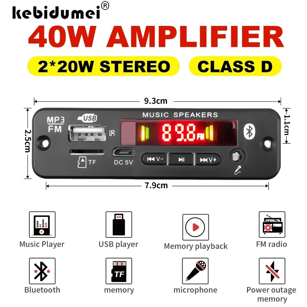 KEBIDUMEI - Placa Decodificadora MP3 Bluetooth 5.0, Amplificador de 2 x 20 W, 40 W, Reproductor de Audio, Reproductor MP3 12 V DIY, Radio FM para Coche, TF, USB, Micrófono, Grabación de Llamadas