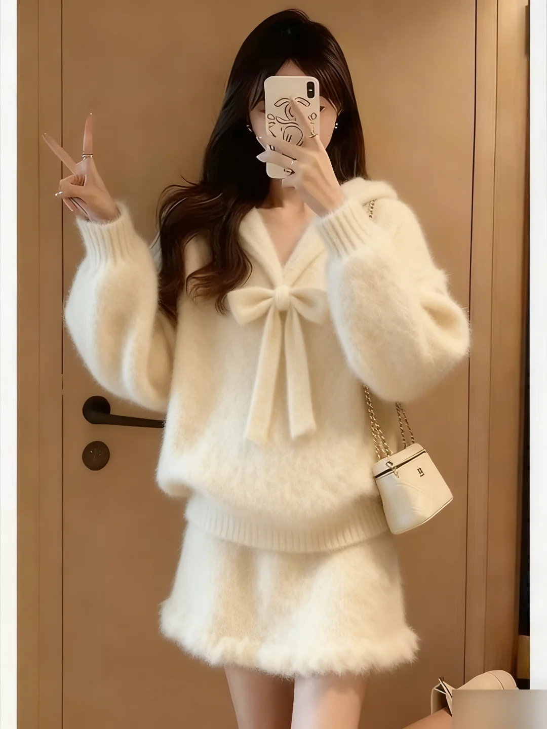 Conjunto de Suéter de Tricô Macio Coreano Feminino de Inverno com Laço, Efeito Emagrecedor, Manga Longa, Duas Peças, Estilo Doce, Tamanhos Grandes