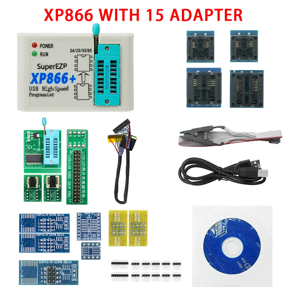 Original CH554T XP866 USB SPI Programmer+ 15 Adapter Sop8/16 Support 24 25 93 95 EEPROM Flash Bios Minipro Fast Universal