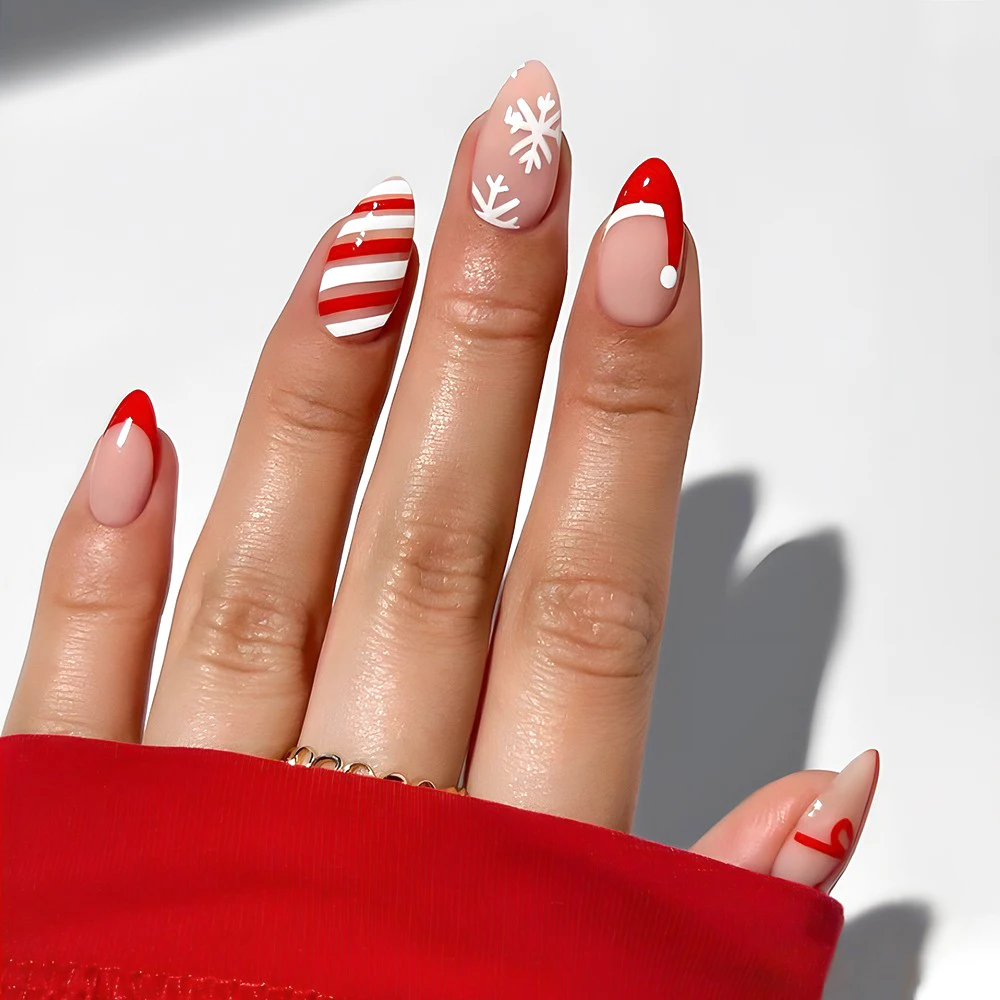 24 unids/set Navidad almendra prensa en uñas brillante raya roja y blanca sombrero de Navidad copo de nieve blanco uñas postizas Festival uñas postizas
