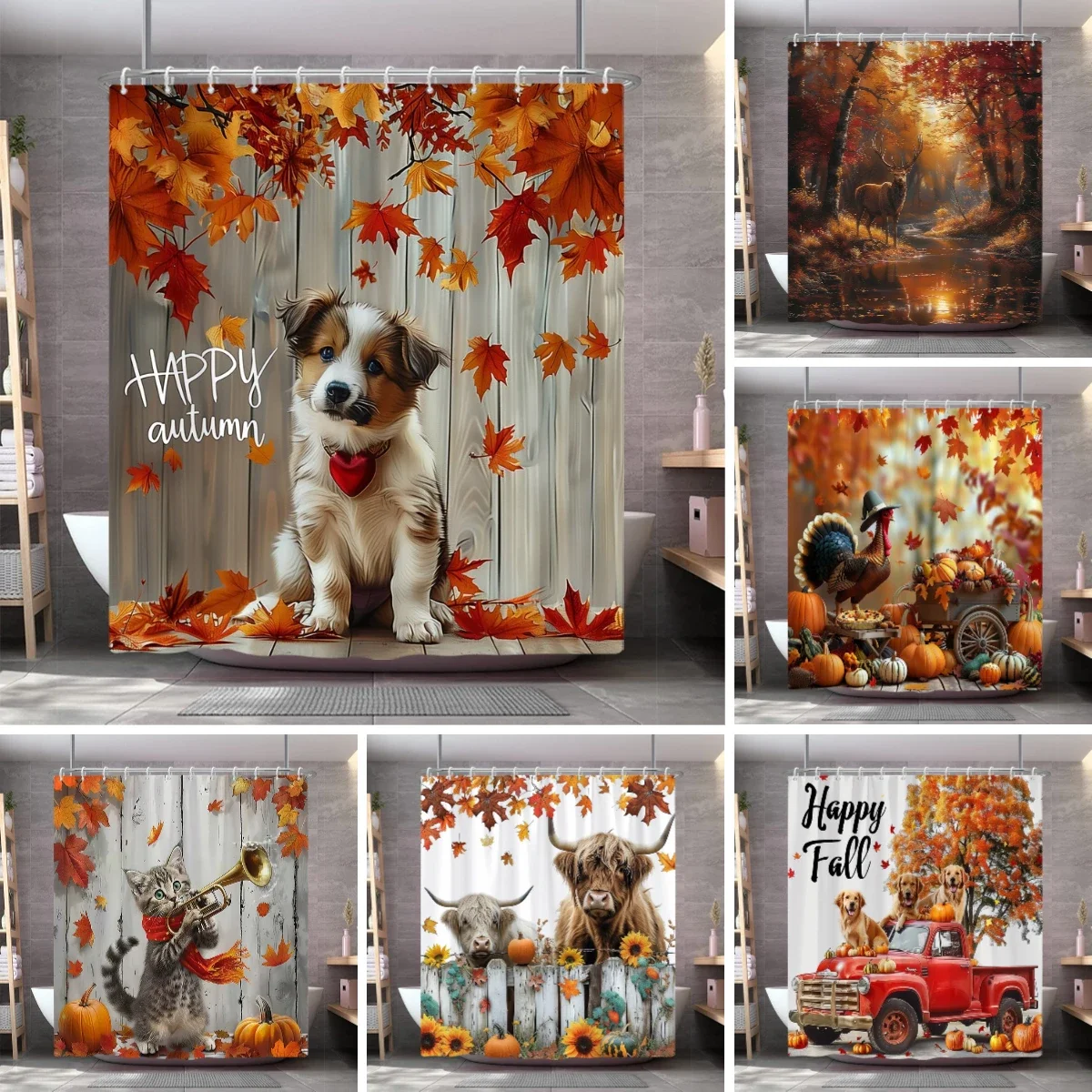 Autumn Farm Animal Shower Curtain Pumpkin Rustic Planks Yellow Maple Thanksgiving Polyester Fabric Shower Curtain Bathroom Decor