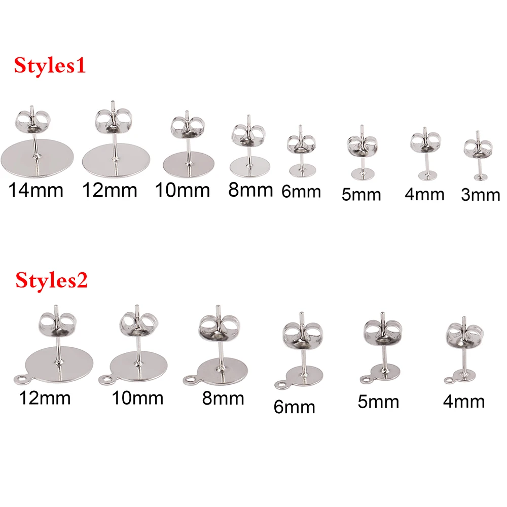 50-100pcs/Lot Stainless Steel Blank Post Earrings Studs Base Pins With Earring Plug Findings Ear Back For DIY Jewelry Making