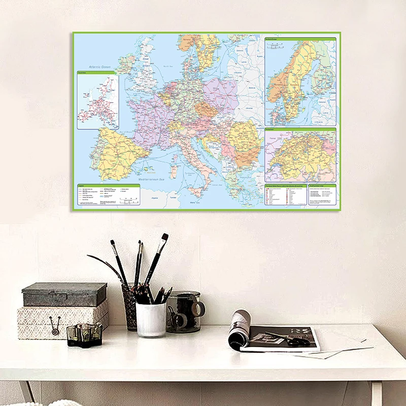 Póster de Arte de pared de mapa de ruta política y de tráfico de Europa, lienzo no tejido, pintura, decoración del hogar, suministros escolares, 150x100cm